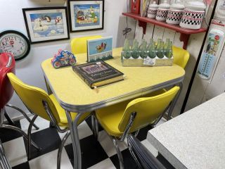 Vintage Yellow Chrome Diner Formica Table with 4 Yellow Chrome Chairs 